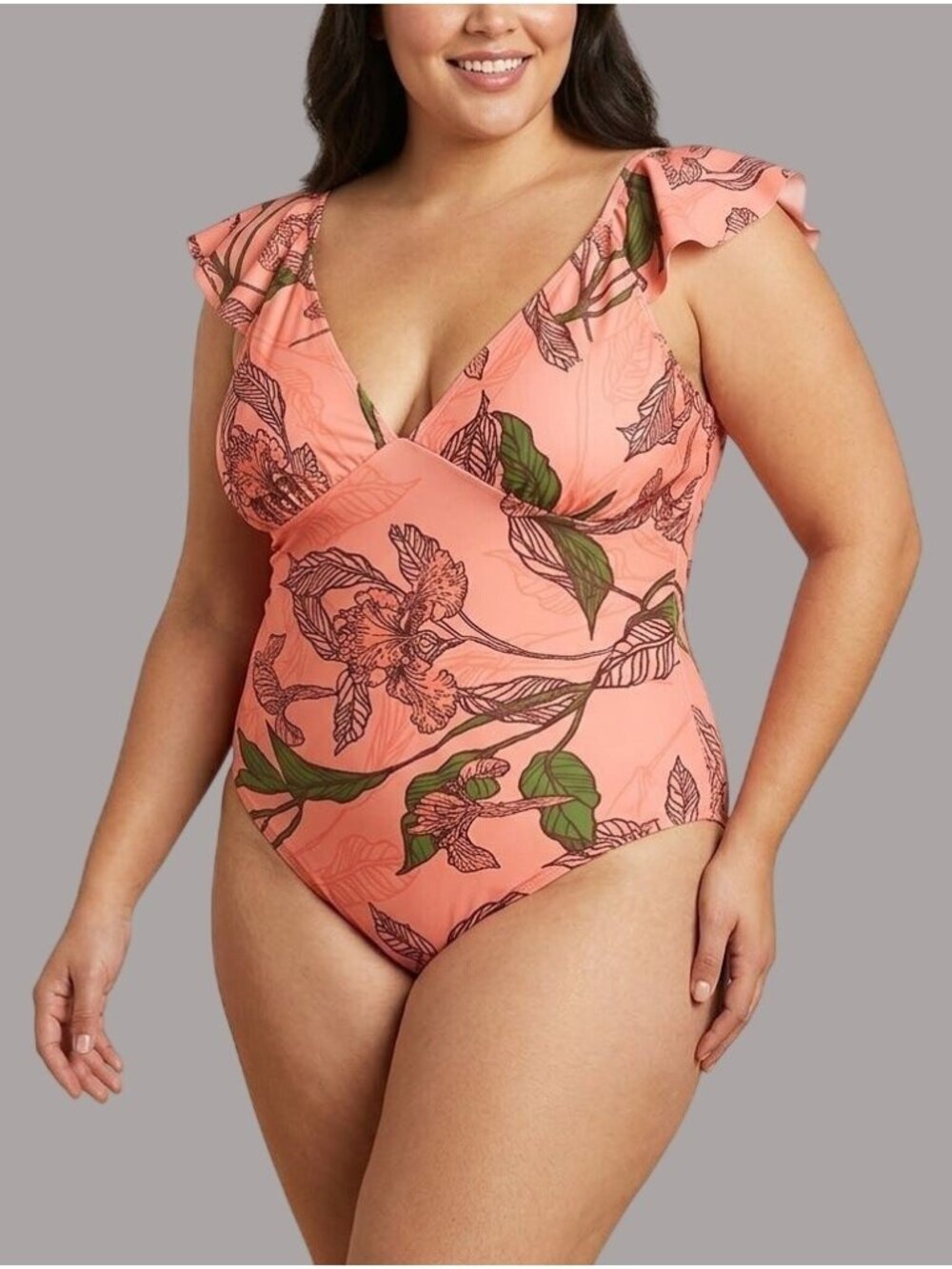 Anthropologie Pink Floral Plus Size 3X Swimsuit With Ruffle Shoulders